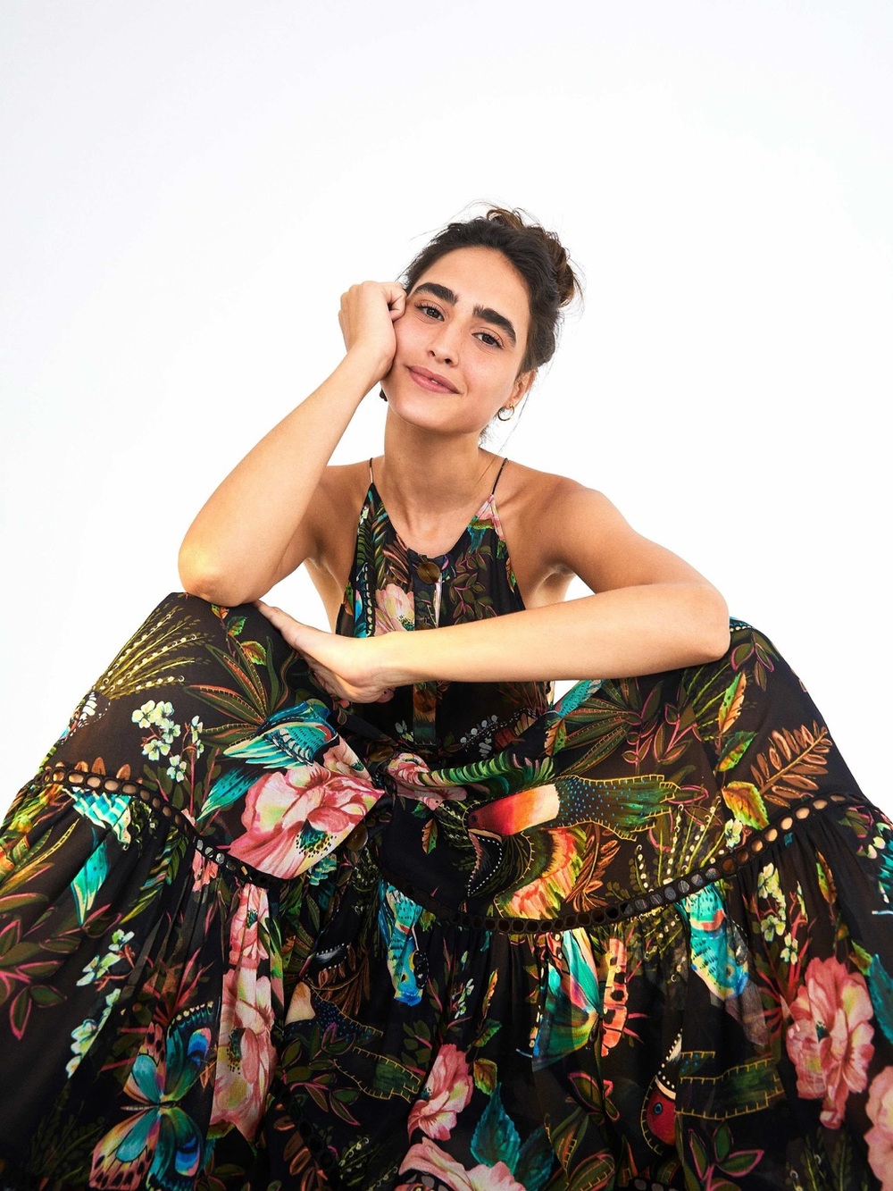 Farm Rio Black Floral Halter Maxi Dress with Tropical Print M